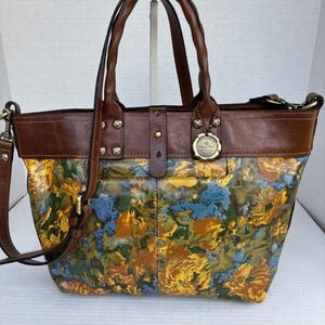 Patricia Nash 10th Anniversary Floral Leather Tote Crossbody Bag Brown Multi